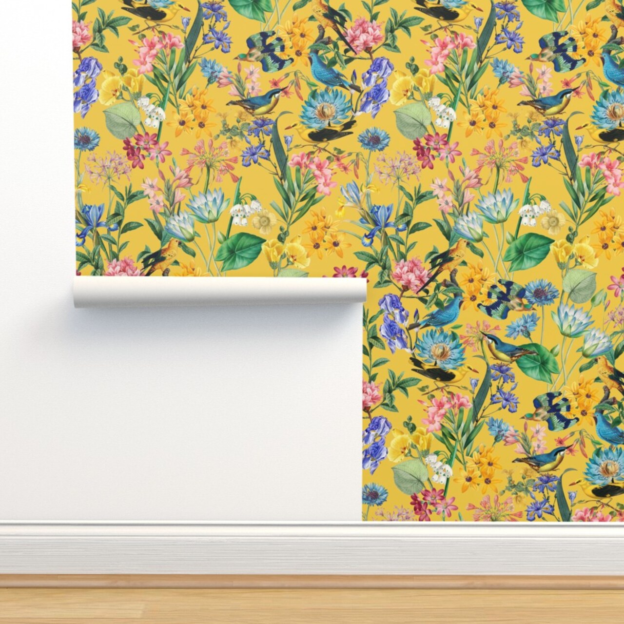 Rainforest Jungle Yellow Hand Drawn Botanical Tropical Birds Custom Removable Wallpaper by Spoonflower Peel & Stick Wallpaper 2FT Wide